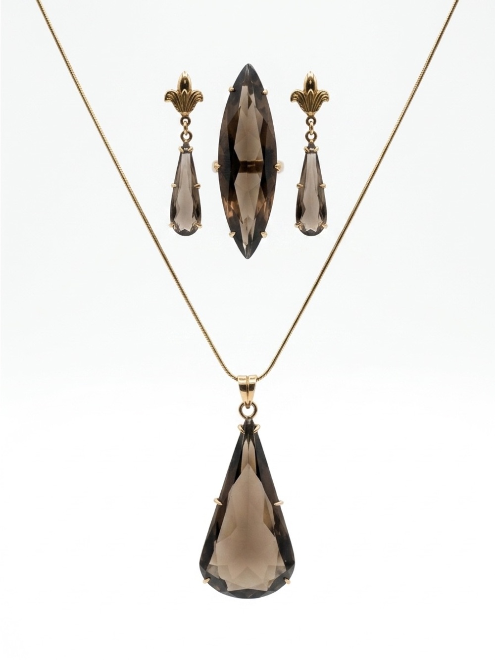 RARE Vintage 14K Smoky Topaz Teardrop Necklace and Earring Set
